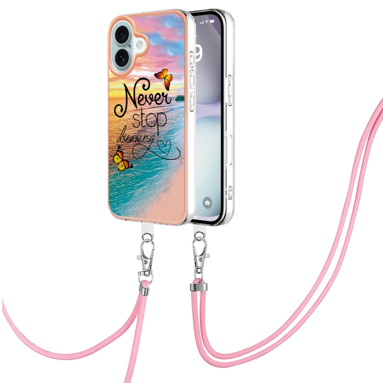 Electroplating Pattern IMD TPU Shockproof Case with Neck Lanyard, For iPhone 16 Pro Max, For iPhone 16 Pro, For iPhone 16 Plus, For iPhone 16, For iPhone 15 Pro Max, For iPhone 15 Pro, For iPhone 15 Plus, For iPhone 15