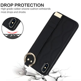 Non-slip Full Coverage Ring PU Phone Case with Wristband, For iPhone XS / X, For iPhone XR, For iPhone XS Max, For iPhone 7 Plus / 8 Plus, For iPhone 7 / 8