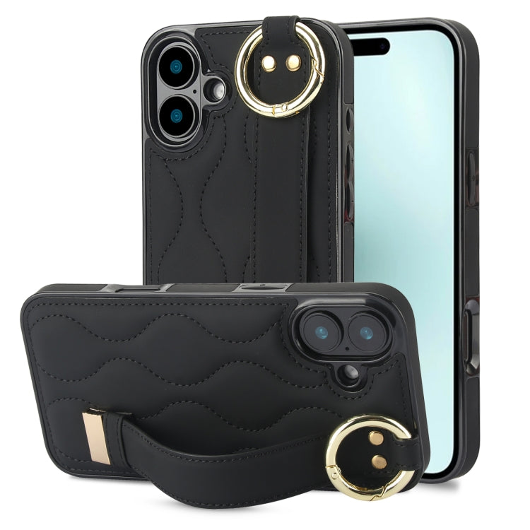 Non-slip Full Coverage Ring PU Phone Case with Wristband, For iPhone 16 Pro Max, For iPhone 16 Pro, For iPhone 16 Plus, For iPhone 16, For iPhone 14 Plus, For iPhone 14