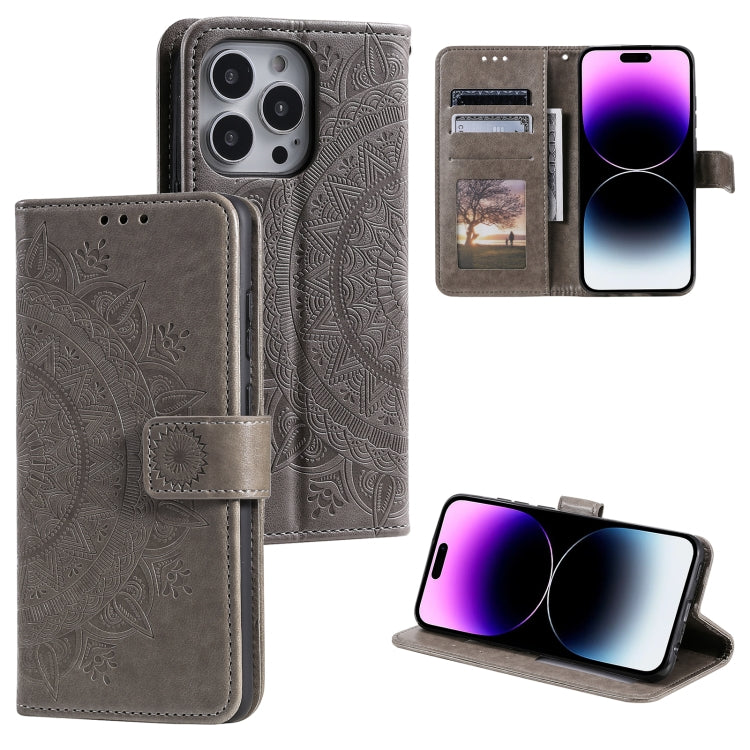 Totem Flower Embossed Leather Phone Case, For iPhone 16 Pro Max, For iPhone 16 Pro, For iPhone 16 Plus, For iPhone 16, For iPhone 15 Pro Max, For iPhone 15 Pro