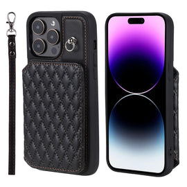 Grid Texture Card Bag Phone Case with Lanyard, For iPhone 13 Pro, For iPhone 13, For iPhone 12 / 12 Pro, For iPhone 12 Pro Max, For iPhone 11, For iPhone XR, For iPhone 8 Plus / 7 Plus