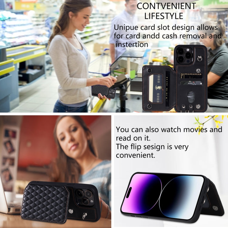 Grid Texture Card Bag Phone Case with Lanyard, For iPhone 13 Pro, For iPhone 13, For iPhone 12 / 12 Pro, For iPhone 12 Pro Max, For iPhone 11, For iPhone XR, For iPhone 8 Plus / 7 Plus