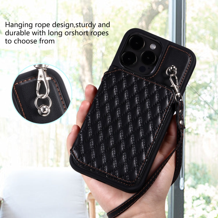 Grid Texture Card Bag Phone Case with Lanyard, For iPhone 13 Pro, For iPhone 13, For iPhone 12 / 12 Pro, For iPhone 12 Pro Max, For iPhone 11, For iPhone XR, For iPhone 8 Plus / 7 Plus