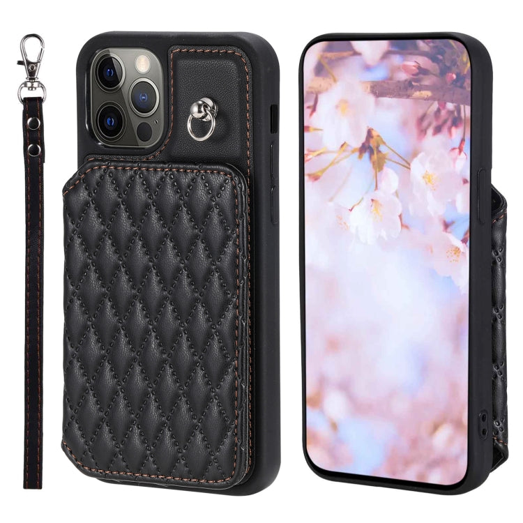Grid Texture Card Bag Phone Case with Lanyard, For iPhone 13 Pro, For iPhone 13, For iPhone 12 / 12 Pro, For iPhone 12 Pro Max, For iPhone 11, For iPhone XR, For iPhone 8 Plus / 7 Plus