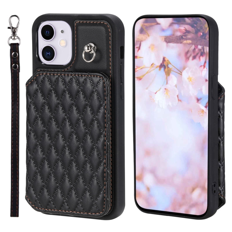 Grid Texture Card Bag Phone Case with Lanyard, For iPhone 13 Pro, For iPhone 13, For iPhone 12 / 12 Pro, For iPhone 12 Pro Max, For iPhone 11, For iPhone XR, For iPhone 8 Plus / 7 Plus