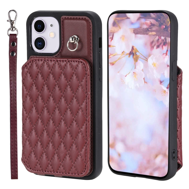 Grid Texture Card Bag Phone Case with Lanyard, For iPhone 13 Pro, For iPhone 13, For iPhone 12 / 12 Pro, For iPhone 12 Pro Max, For iPhone 11, For iPhone XR, For iPhone 8 Plus / 7 Plus