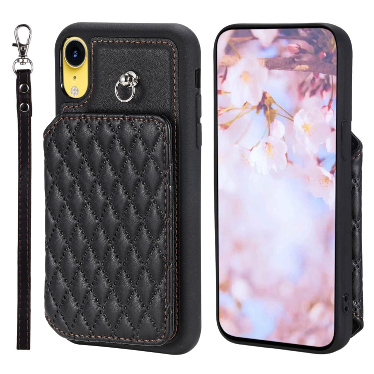 Grid Texture Card Bag Phone Case with Lanyard, For iPhone 13 Pro, For iPhone 13, For iPhone 12 / 12 Pro, For iPhone 12 Pro Max, For iPhone 11, For iPhone XR, For iPhone 8 Plus / 7 Plus