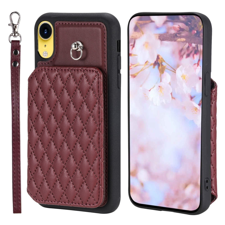 Grid Texture Card Bag Phone Case with Lanyard, For iPhone 13 Pro, For iPhone 13, For iPhone 12 / 12 Pro, For iPhone 12 Pro Max, For iPhone 11, For iPhone XR, For iPhone 8 Plus / 7 Plus
