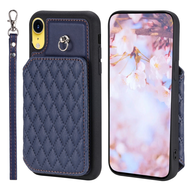 Grid Texture Card Bag Phone Case with Lanyard, For iPhone 13 Pro, For iPhone 13, For iPhone 12 / 12 Pro, For iPhone 12 Pro Max, For iPhone 11, For iPhone XR, For iPhone 8 Plus / 7 Plus