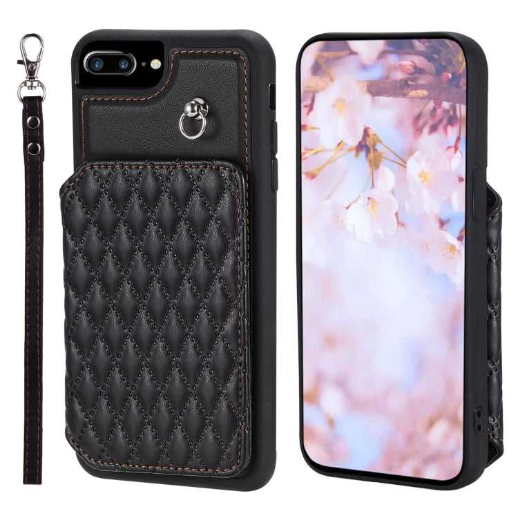 Grid Texture Card Bag Phone Case with Lanyard, For iPhone 13 Pro, For iPhone 13, For iPhone 12 / 12 Pro, For iPhone 12 Pro Max, For iPhone 11, For iPhone XR, For iPhone 8 Plus / 7 Plus