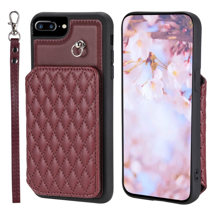 Grid Texture Card Bag Phone Case with Lanyard, For iPhone 13 Pro, For iPhone 13, For iPhone 12 / 12 Pro, For iPhone 12 Pro Max, For iPhone 11, For iPhone XR, For iPhone 8 Plus / 7 Plus