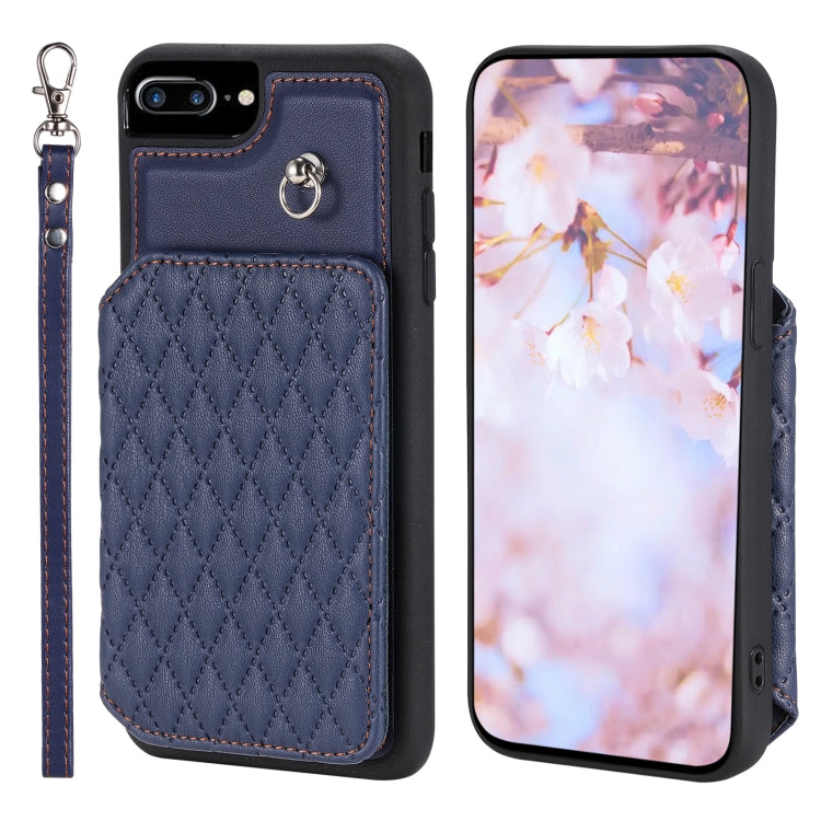 Grid Texture Card Bag Phone Case with Lanyard, For iPhone 13 Pro, For iPhone 13, For iPhone 12 / 12 Pro, For iPhone 12 Pro Max, For iPhone 11, For iPhone XR, For iPhone 8 Plus / 7 Plus