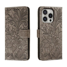 Load image into Gallery viewer, Lace Flower Embossing Flip Leather Phone Case, For iPhone 17e / 16e, For iPhone 17 Pro Max, For iPhone 17 Pro, For iPhone 17, For iPhone Air, For iPhone 16 Pro Max, For iPhone 16 Pro, For iPhone 16 Plus