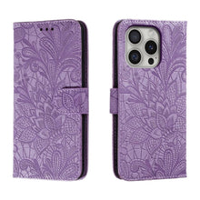 Load image into Gallery viewer, Lace Flower Embossing Flip Leather Phone Case, For iPhone 17e / 16e, For iPhone 17 Pro Max, For iPhone 17 Pro, For iPhone 17, For iPhone Air, For iPhone 16 Pro Max, For iPhone 16 Pro, For iPhone 16 Plus