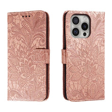 Load image into Gallery viewer, Lace Flower Embossing Flip Leather Phone Case, For iPhone 17e / 16e, For iPhone 17 Pro Max, For iPhone 17 Pro, For iPhone 17, For iPhone Air, For iPhone 16 Pro Max, For iPhone 16 Pro, For iPhone 16 Plus