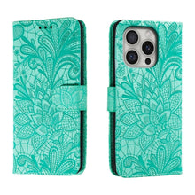 Load image into Gallery viewer, Lace Flower Embossing Flip Leather Phone Case, For iPhone 17e / 16e, For iPhone 17 Pro Max, For iPhone 17 Pro, For iPhone 17, For iPhone Air, For iPhone 16 Pro Max, For iPhone 16 Pro, For iPhone 16 Plus