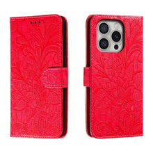 Load image into Gallery viewer, Lace Flower Embossing Flip Leather Phone Case, For iPhone 17e / 16e, For iPhone 17 Pro Max, For iPhone 17 Pro, For iPhone 17, For iPhone Air, For iPhone 16 Pro Max, For iPhone 16 Pro, For iPhone 16 Plus