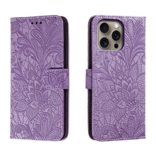 Load image into Gallery viewer, Lace Flower Embossing Flip Leather Phone Case, For iPhone 17e / 16e, For iPhone 17 Pro Max, For iPhone 17 Pro, For iPhone 17, For iPhone Air, For iPhone 16 Pro Max, For iPhone 16 Pro, For iPhone 16 Plus