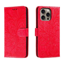 Load image into Gallery viewer, Lace Flower Embossing Flip Leather Phone Case, For iPhone 17e / 16e, For iPhone 17 Pro Max, For iPhone 17 Pro, For iPhone 17, For iPhone Air, For iPhone 16 Pro Max, For iPhone 16 Pro, For iPhone 16 Plus