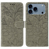 Lace Flower Embossing Flip Leather Phone Case, For iPhone 18 Pro / 17 Pro, For iPhone 18 Pro Max / 17 Pro Max, For iPhone 17e / 16e, For iPhone 17, For iPhone Air, For iPhone 16 Pro Max, For iPhone 16 Pro, For iPhone 16 Plus