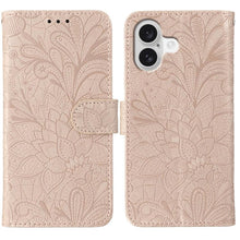 Load image into Gallery viewer, Lace Flower Embossing Flip Leather Phone Case, For iPhone 17e / 16e, For iPhone 17 Pro Max, For iPhone 17 Pro, For iPhone 17, For iPhone Air, For iPhone 16 Pro Max, For iPhone 16 Pro, For iPhone 16 Plus