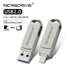 Load image into Gallery viewer, MicroDrive 2 In 1 Lightning + USB2.0 Portable Metal USB Flash Disk, 8GB, 16GB, 32GB, 64GB, 128GB, 256GB, 512GB