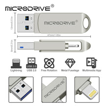 Load image into Gallery viewer, MicroDrive 2 In 1 Lightning + USB2.0 Portable Metal USB Flash Disk, 8GB, 16GB, 32GB, 64GB, 128GB, 256GB, 512GB