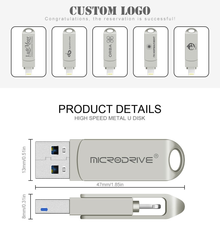 MicroDrive 2 In 1 Lightning + USB2.0 Portable Metal USB Flash Disk, 8GB, 16GB, 32GB, 64GB, 128GB, 256GB, 512GB