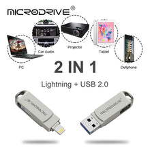 Load image into Gallery viewer, MicroDrive 2 In 1 Lightning + USB2.0 Portable Metal USB Flash Disk, 8GB, 16GB, 32GB, 64GB, 128GB, 256GB, 512GB