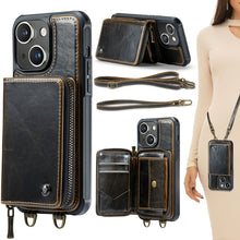 Load image into Gallery viewer, JEEHOOD C22 Series Zipper Wallet Leather Phone Case with Dual Lanyard, For iPhone 15 Pro, For iPhone 15 Plus, For iPhone 15