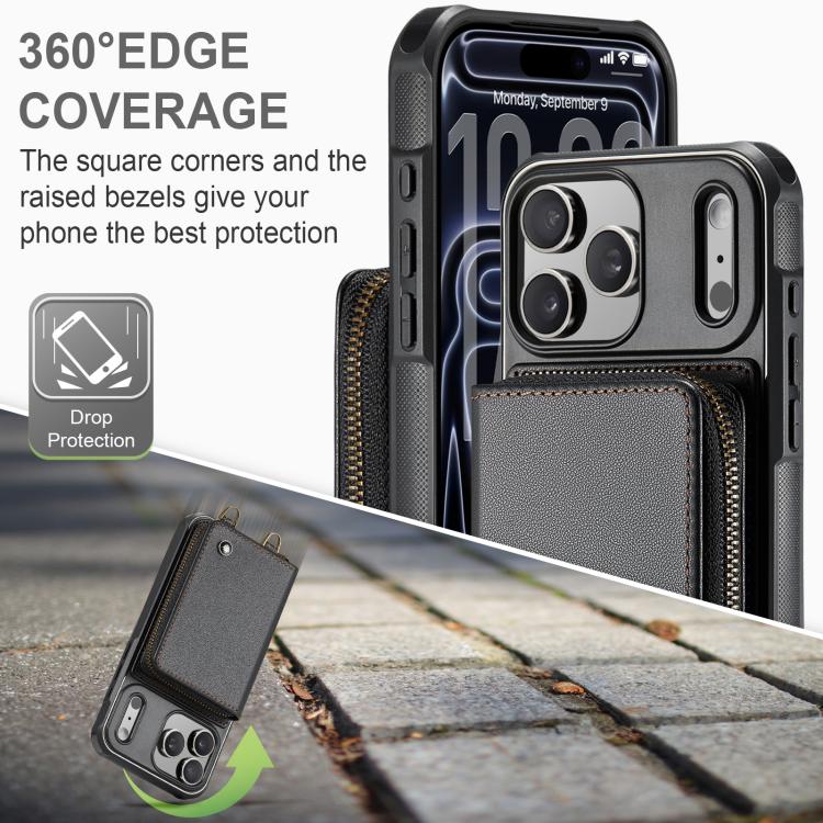 JEEHOOD C22 Series Zipper Wallet Leather Phone Case with Dual Lanyard, For iPhone 17 Pro Max, For iPhone 17 Pro, For iPhone Air, For iPhone 16 Pro Max, For iPhone 16 Pro, For iPhone 16 Plus, For iPhone 16, For iPhone 15 Pro Max