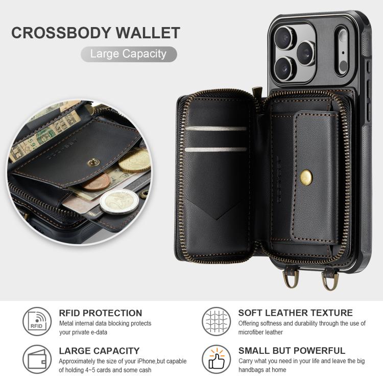 JEEHOOD C22 Series Zipper Wallet Leather Phone Case with Dual Lanyard, For iPhone 17 Pro Max, For iPhone 17 Pro, For iPhone Air, For iPhone 16 Pro Max, For iPhone 16 Pro, For iPhone 16 Plus, For iPhone 16, For iPhone 15 Pro Max