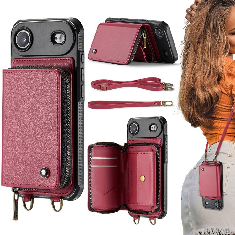 JEEHOOD C22 Series Zipper Wallet Leather Phone Case with Dual Lanyard, For iPhone 17 Pro Max, For iPhone 17 Pro, For iPhone Air, For iPhone 16 Pro Max, For iPhone 16 Pro, For iPhone 16 Plus, For iPhone 16, For iPhone 15 Pro Max