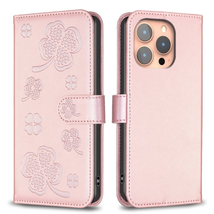 Four-leaf Embossed Leather Phone Case, For iPhone 15 Pro Max, For iPhone 15 Pro, For iPhone 15 Plus, For iPhone 15, For iPhone 14 Plus, For iPhone 14, For iPhone 14 Pro, For iPhone 14 Pro Max