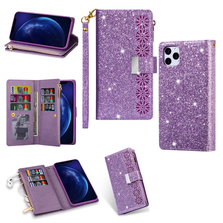 Multi-card Slots Starry Sky Laser Carving Glitter Zipper Horizontal Flip Leather Case with Holder & Wallet & Lanyard, For iPhone 11 Pro Max, For iPhone 11 Pro, For iPhone 11, For iPhone XS Max, For iPhone XR, For iPhone X / XS, For iPhone 8 Plus / 7 Pl...
