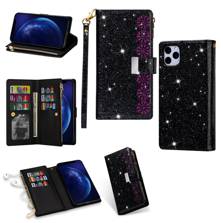 Multi-card Slots Starry Sky Laser Carving Glitter Zipper Horizontal Flip Leather Case with Holder & Wallet & Lanyard, For iPhone 11 Pro Max, For iPhone 11 Pro, For iPhone 11, For iPhone XS Max, For iPhone XR, For iPhone X / XS, For iPhone 8 Plus / 7 Pl...