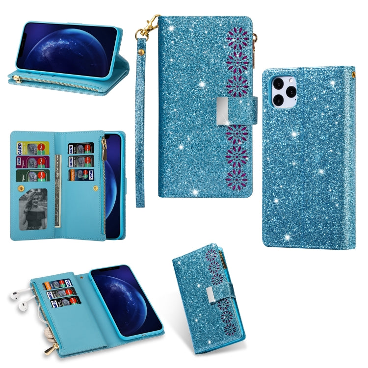 Multi-card Slots Starry Sky Laser Carving Glitter Zipper Horizontal Flip Leather Case with Holder & Wallet & Lanyard, For iPhone 11 Pro Max, For iPhone 11 Pro, For iPhone 11, For iPhone XS Max, For iPhone XR, For iPhone X / XS, For iPhone 8 Plus / 7 Pl...
