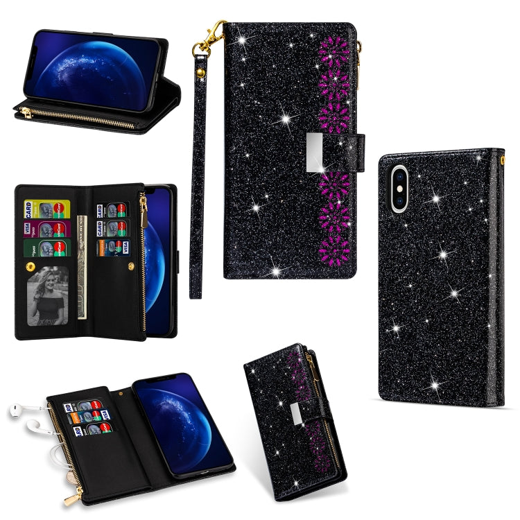Multi-card Slots Starry Sky Laser Carving Glitter Zipper Horizontal Flip Leather Case with Holder & Wallet & Lanyard, For iPhone 11 Pro Max, For iPhone 11 Pro, For iPhone 11, For iPhone XS Max, For iPhone XR, For iPhone X / XS, For iPhone 8 Plus / 7 Pl...