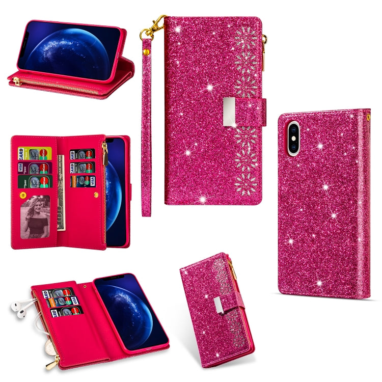 Multi-card Slots Starry Sky Laser Carving Glitter Zipper Horizontal Flip Leather Case with Holder & Wallet & Lanyard, For iPhone 11 Pro Max, For iPhone 11 Pro, For iPhone 11, For iPhone XS Max, For iPhone XR, For iPhone X / XS, For iPhone 8 Plus / 7 Pl...