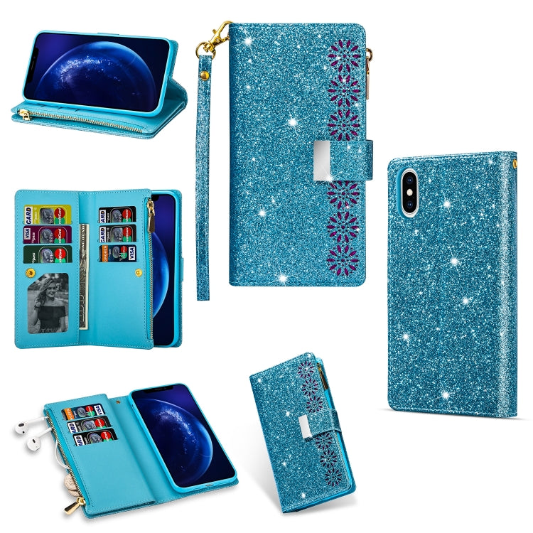 Multi-card Slots Starry Sky Laser Carving Glitter Zipper Horizontal Flip Leather Case with Holder & Wallet & Lanyard, For iPhone 11 Pro Max, For iPhone 11 Pro, For iPhone 11, For iPhone XS Max, For iPhone XR, For iPhone X / XS, For iPhone 8 Plus / 7 Pl...