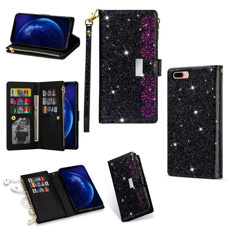 Multi-card Slots Starry Sky Laser Carving Glitter Zipper Horizontal Flip Leather Case with Holder & Wallet & Lanyard, For iPhone 11 Pro Max, For iPhone 11 Pro, For iPhone 11, For iPhone XS Max, For iPhone XR, For iPhone X / XS, For iPhone 8 Plus / 7 Pl...