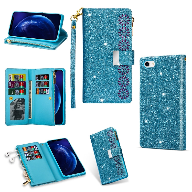 Multi-card Slots Starry Sky Laser Carving Glitter Zipper Horizontal Flip Leather Case with Holder & Wallet & Lanyard, For iPhone 11 Pro Max, For iPhone 11 Pro, For iPhone 11, For iPhone XS Max, For iPhone XR, For iPhone X / XS, For iPhone 8 Plus / 7 Pl...