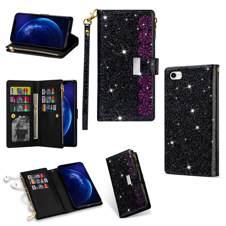 Multi-card Slots Starry Sky Laser Carving Glitter Zipper Horizontal Flip Leather Case with Holder & Wallet & Lanyard, For iPhone 11 Pro Max, For iPhone 11 Pro, For iPhone 11, For iPhone XS Max, For iPhone XR, For iPhone X / XS, For iPhone 8 Plus / 7 Pl...