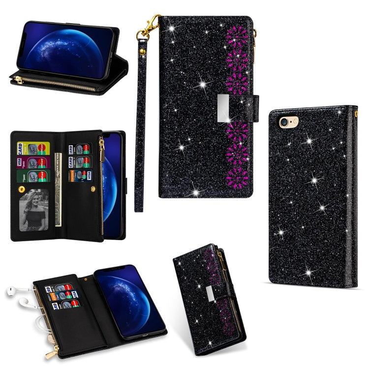 Multi-card Slots Starry Sky Laser Carving Glitter Zipper Horizontal Flip Leather Case with Holder & Wallet & Lanyard, For iPhone 11 Pro Max, For iPhone 11 Pro, For iPhone 11, For iPhone XS Max, For iPhone XR, For iPhone X / XS, For iPhone 8 Plus / 7 Pl...