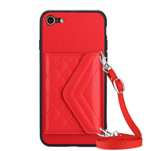 Load image into Gallery viewer, Rhombic Texture Card Bag RFID Phone Case with Long Lanyard, For iPhone SE 2022 / SE 2020, For iPhone 13 Pro Max, For iPhone 13 Pro, For iPhone 13, For iPhone 13 mini, For iPhone 12, For iPhone 12 Pro Max, For iPhone 12 Pro