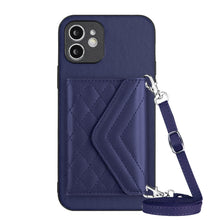 Load image into Gallery viewer, Rhombic Texture Card Bag RFID Phone Case with Long Lanyard, For iPhone SE 2022 / SE 2020, For iPhone 13 Pro Max, For iPhone 13 Pro, For iPhone 13, For iPhone 13 mini, For iPhone 12, For iPhone 12 Pro Max, For iPhone 12 Pro