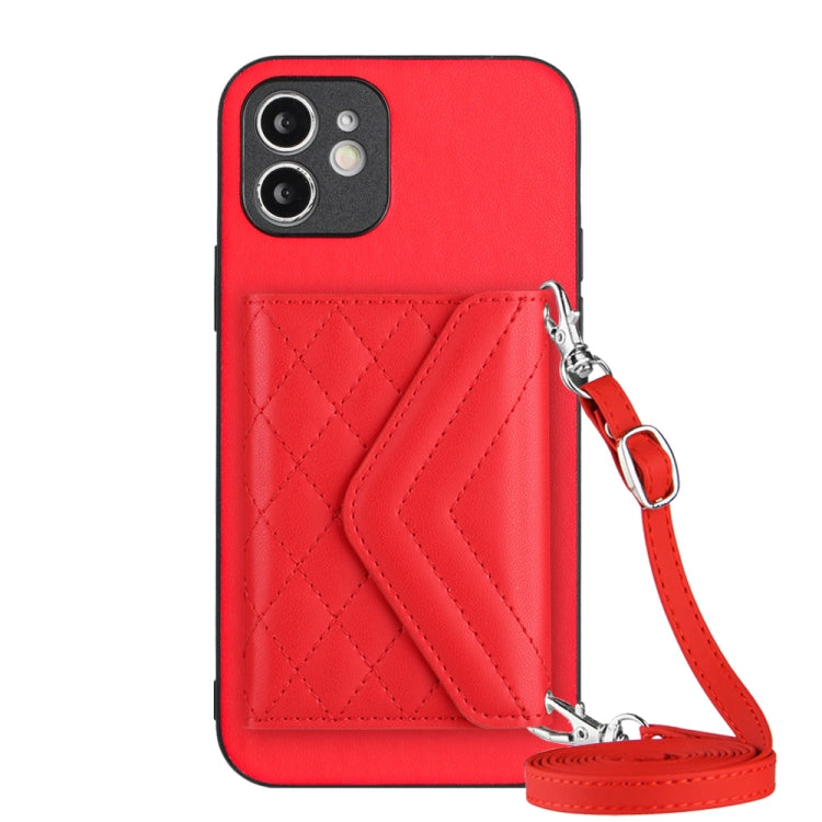 Rhombic Texture Card Bag RFID Phone Case with Long Lanyard, For iPhone SE 2022 / SE 2020, For iPhone 13 Pro Max, For iPhone 13 Pro, For iPhone 13, For iPhone 13 mini, For iPhone 12, For iPhone 12 Pro Max, For iPhone 12 Pro