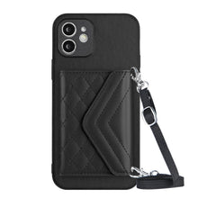 Load image into Gallery viewer, Rhombic Texture Card Bag RFID Phone Case with Long Lanyard, For iPhone 12 mini, For iPhone 11 Pro Max, For iPhone 11, For iPhone 11 Pro, For iPhone XS / X, For iPhone XR, For iPhone XS Max, For iPhone 8 Plus / 7 Plus