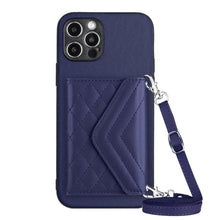Load image into Gallery viewer, Rhombic Texture Card Bag RFID Phone Case with Long Lanyard, For iPhone SE 2022 / SE 2020, For iPhone 13 Pro Max, For iPhone 13 Pro, For iPhone 13, For iPhone 13 mini, For iPhone 12, For iPhone 12 Pro Max, For iPhone 12 Pro