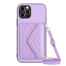 Load image into Gallery viewer, Rhombic Texture Card Bag RFID Phone Case with Long Lanyard, For iPhone SE 2022 / SE 2020, For iPhone 13 Pro Max, For iPhone 13 Pro, For iPhone 13, For iPhone 13 mini, For iPhone 12, For iPhone 12 Pro Max, For iPhone 12 Pro
